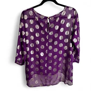 Francesca's Purple Sheer Metallic Silver Sunburst Blouse Large thumbnail 3