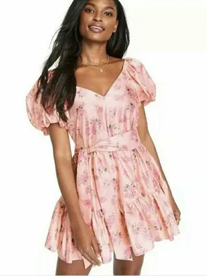 LoveShackFancy Pink Floral V-Neck Puff Sleeve Belted Satin Mini Dress 6 thumbnail 1