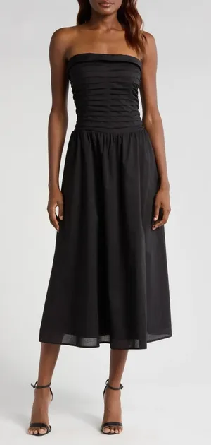 WAYF Olivia Midi Dress Women‎ XS Black Pleated Convertible Strapless Cotton -NEW thumbnail 1