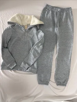 NYC Heather Gray Sherpa-Lined Zip Jacket and Joggers Sz M thumbnail 1