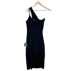 Lulus Womens Size M Black Ribbed One-Shoulder Tulip Hem Faux Wrap Dress‎ M thumbnail 2