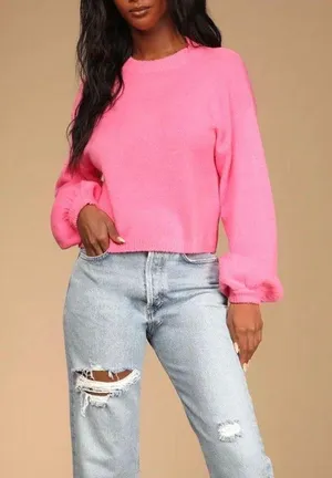 New Lulu’s Bright Eyes Neon Pink Balloon Sleeve Sweater Top XS thumbnail 1