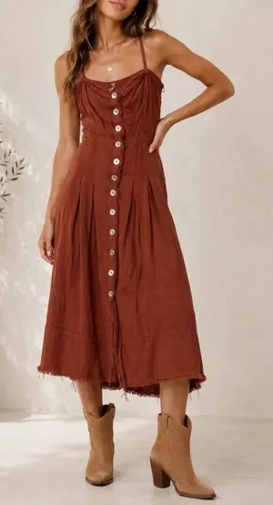 Free People Rust Button Front Midi Dress Boho Cottagecore Sundress thumbnail 1