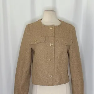 ZARA Cropped Jacket Light Brown Tan Gold Hammered Snaps Preppy Chic Small thumbnail 3