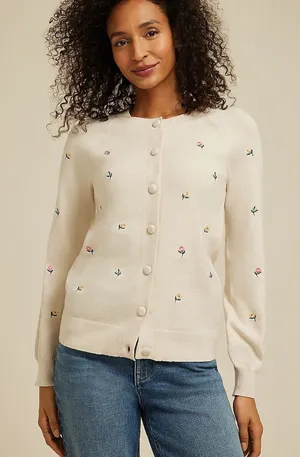 Cream Floral Embroidered Button-Up Cardigan Sweater thumbnail 1