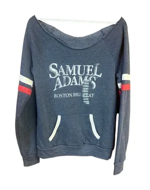 Samuel Adams Boston Brewery off-the-shoulder sweatshirt Heather Blue Sz M NWT thumbnail 1