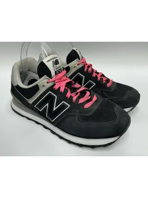 New Balance 574 Sneakers Womens 8 Black Suede Pink Laces Retro Running Athletic thumbnail 2