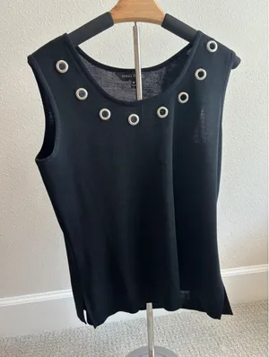 Ming Wang Knit Tank Top Women Size M Black‎ Grommet Neckline Sleeveless Shell thumbnail 1