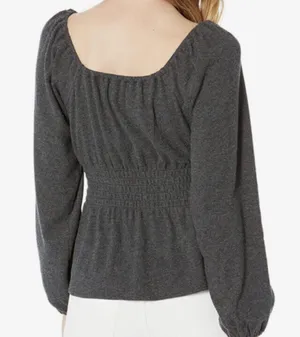 Sweater Plush Square-Neck Smocked Top Long Sleeve Dark Gray M thumbnail 2