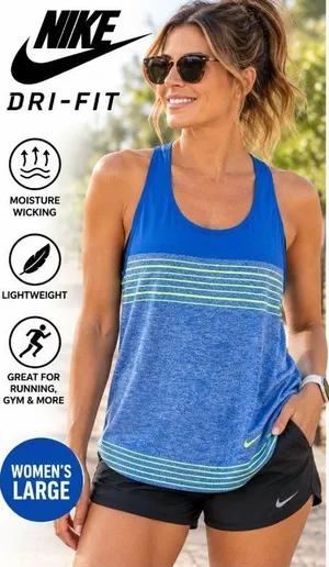 Nike Dri-FIT Womens Large Racerback Tank Top Blue Volt Green Striped Running thumbnail 1