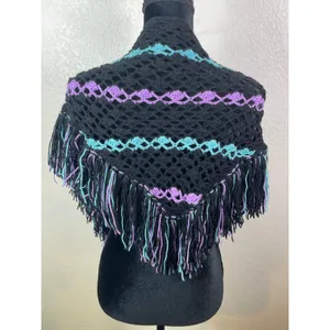 Womens Handmade Free Size Crochet Shawl Black Teal Purple Fringe Boho Wrap Layer thumbnail 2