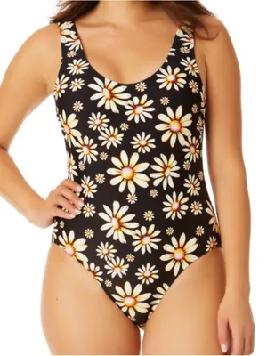 No Boundaries High Leg One Piece Swimsuit Size XL Black Daisy Floral Print 90s thumbnail 1