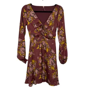 Free People Red Floral Balloon Sleeve Mini Dress Womens 2 Peasant Satin Burgundy thumbnail 2