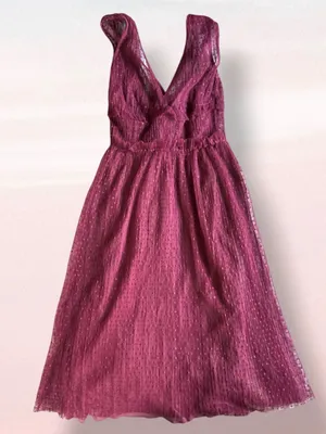ZARA Burgundy Swiss Dot Mesh Midi Dress Small Sheer V-Neck Ruffle thumbnail 8
