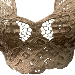 Free People One Adella Bralette Crochet Lace Tan Camel Nude Cross Strap Boho M thumbnail 3