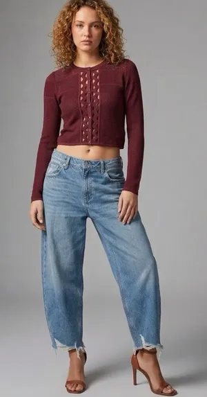 Sandro Sweater Long Sleeve Cropped Open Knit Top Cutout Mesh Quiet Luxury Sz XS thumbnail 1