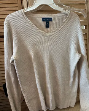 Karen Scott Ribbed V-Neck Sweater in Beige Medium thumbnail 1