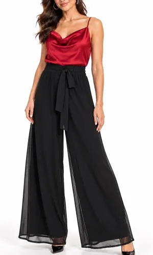 Black Chiffon Wide Leg Palazzo Pants High-Rise Tie Waist Elegant Minimalist NWT thumbnail 1