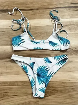 White and Blue Tropical Leaves Two Piece Bikini Women’s Small thumbnail 1