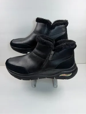 Skechers Arch Fit Women’s 11 Black Leather Faux Fur Ankle Boots Zip Comfort thumbnail 2