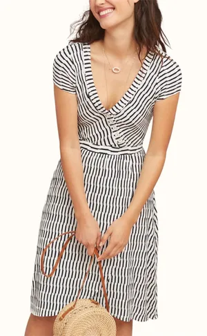 Maeve Anthropologie Womens Black White Striped Faux Wrap Midi Dress Medium A35 thumbnail 1