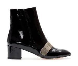 Zara Womens Black & Gold Patent Leather Almond Toe Chunky Block Heel Ankle Boots thumbnail 1