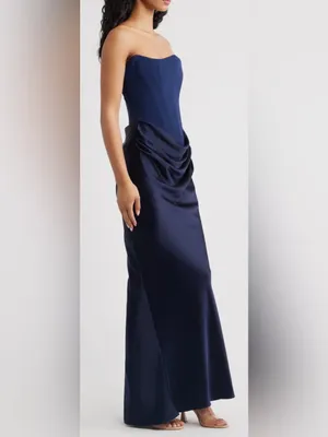 NEW HOUSE OF CB Persephone Strapless Corset Satin & Stretch Crepe navy Gown Sz M thumbnail 4