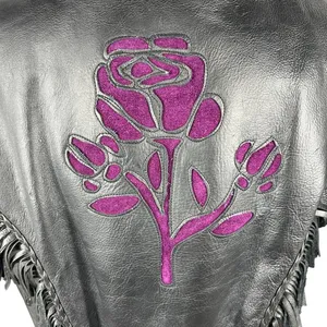 UNIK Leather Fringe‎ Biker Jacket Small Black Purple Rose Inlay Motorcycle Goth thumbnail 5