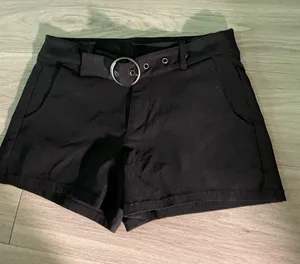 High-Waist Black Women's Shorts with Silver O-Ring Belt thumbnail 1