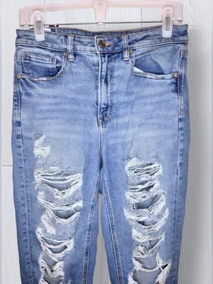 AMERICAN EAGLE High Rise Distressed Mom Jeans with Raw Frayed Hem thumbnail 5