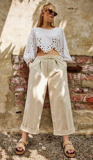 FREE PEOPLE After Love Roll Cuff Wide Leg Pants in Sandshell Size Medium thumbnail 1