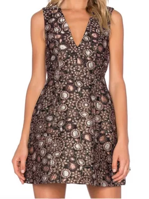 Alice & Olivia Pacey Low V-Neck Metallic Brocade Jacquard Lantern Mini Dress 2 thumbnail 1