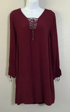 GxF Burgundy Red Bohemian Boho Chic Casual Western‎ Cowgirl Cutout Tunic Top L thumbnail 1