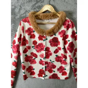 For Love & Lemons Carol Floral‎ Cardigan Faux Fur Rose Print Coquette Wool XL thumbnail 2