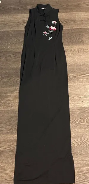 Adrianna Papell Vintage Black Cheongsam Maxi Dress with Floral Embroidery & Mandarin Collar thumbnail 1