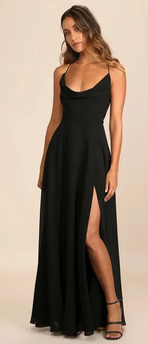 NWOT Lulus Romantically Speaking Black Cowl Lace-Up Maxi Dress Wedding Prom XS thumbnail 1