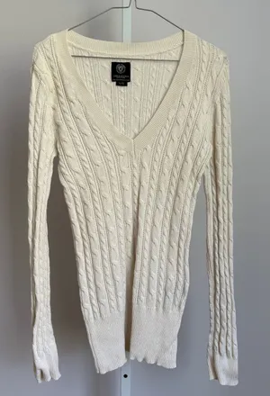American Eagle Cotton Wool Academia Preppy‎ Cable Knit V Neck Sweater L Ivory thumbnail 1