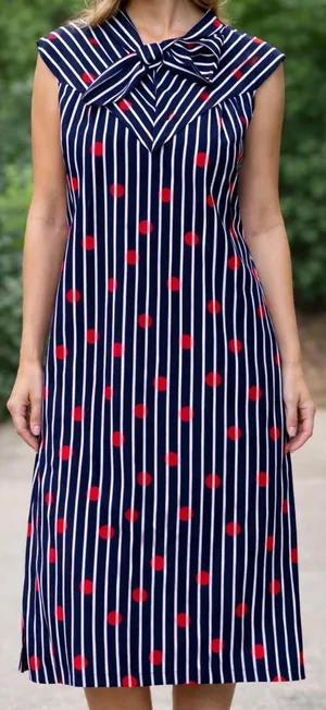 Vintage Navy Striped Polka Dot Dress Bow Neck Midi Dress Retro Sleeveless Red ML thumbnail 1