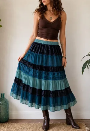 Agapo Teal Tiered Velvet Jacquard Boho Midi Skirt Sz L thumbnail 1