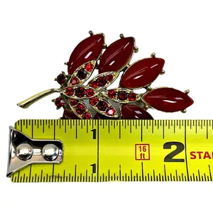 Navette Opaque Red Glass Stemmed Flower Leaf Brooch Pin thumbnail 3