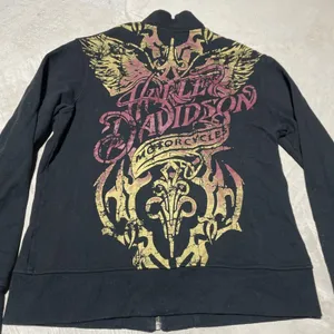 Y2K Harley Davidson Women's SZ L Sweatshirt Black Collar Applique Zip AOP thumbnail 10