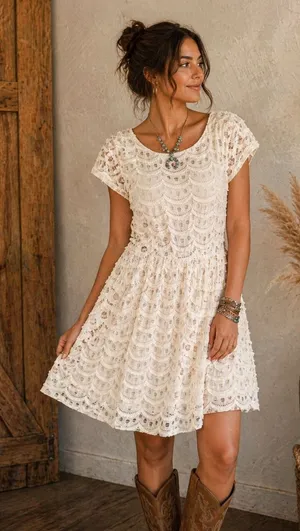 Miami Cream Crochet Scalloped Lace Mini Dress‎ Short Sleeve Coastal L Party thumbnail 1