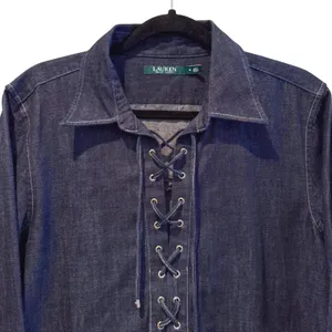Lauren Ralph Lauren‎ Denim Tunic Top Women's Medium Long Sleeve Lace Up thumbnail 2