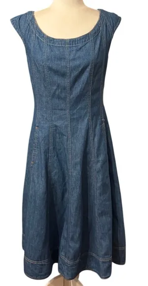 Pilcro by Anthropologie Denim Fit & Flare Dress Pockets Cap Sleeves, Size 8 thumbnail 1