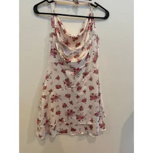 Floral Satin Halter Mini Dress Pink Rose Print Cowl Neck Fit & Flare Cottagecore thumbnail 3
