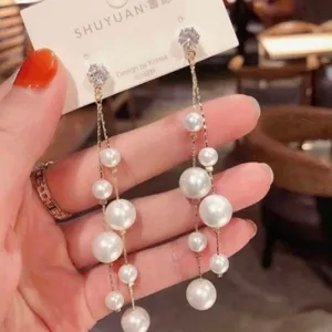 Women's White Pearl Long Tassel Dangle Drop Earrings thumbnail 2