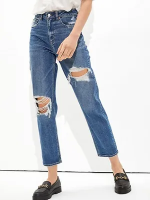 American Eagle Stretch Mom Straight Jean Cool Torn Blue Wash Denim Womens Size 6 thumbnail 1