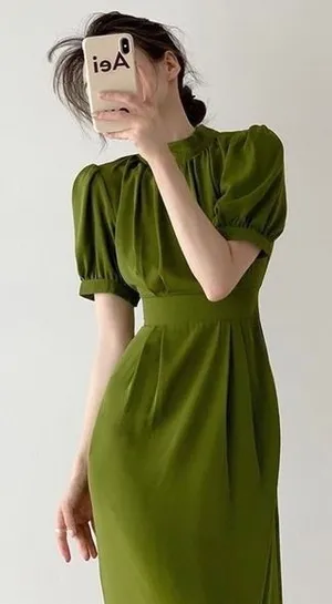 Mock Neck Midi Dress Womens Olive Green New Pleated Puff‎ Sleeve Slit thumbnail 1