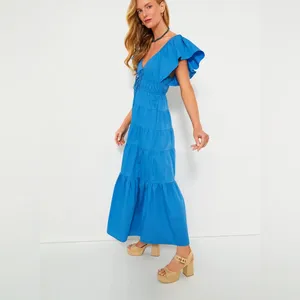 MOON RIVER Blue V-Neck Maxi Dress V-Neck Ruffled Sleeveless‎ Sundress thumbnail 6