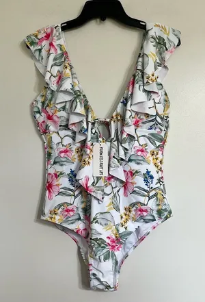 One Piece‎ Floral Swimsuit V-Neck Ruffle Tie Back Size Large NWT thumbnail 1
